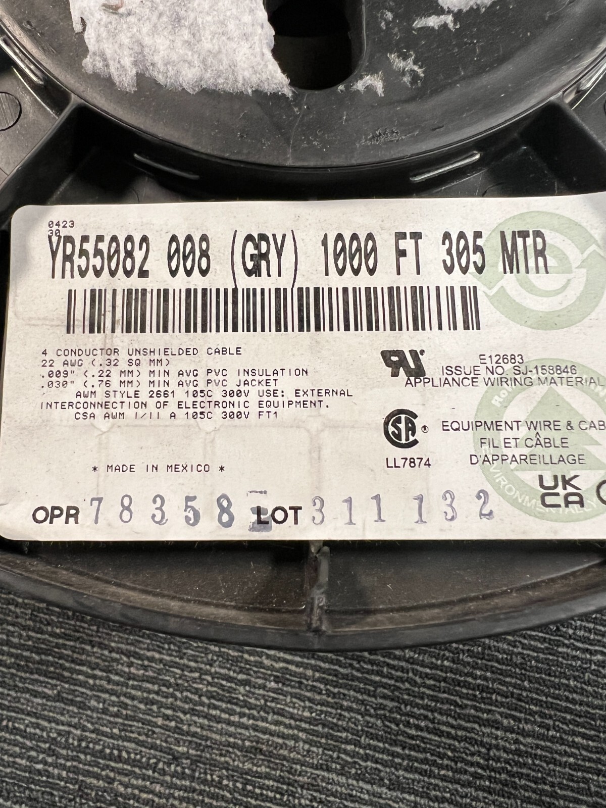 Wire Conductor Unshielded Cable 22 AWG YR55082 008 Gray 1000FT 305 MTR 4