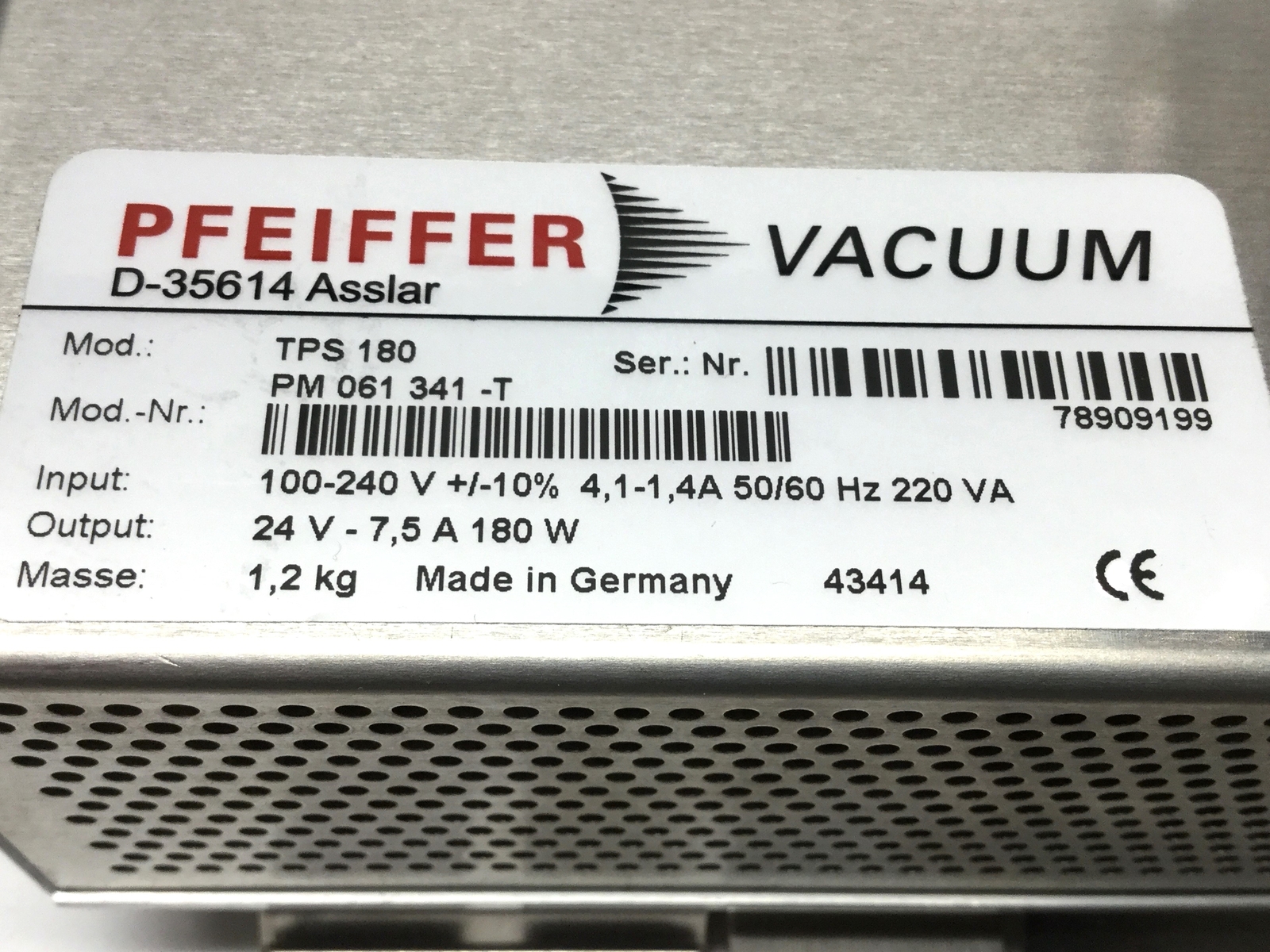 Pfeiffer Vacuum TPS 180 Turbopump Power Supply 100-240VAC In, 24VDC 7.5A Out