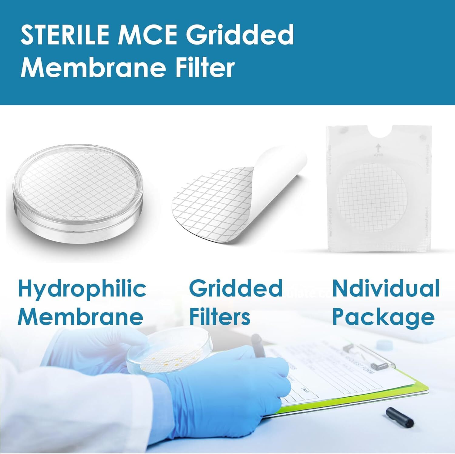 MCE Gridded Membrane Filters, 47mm Diameter, 0.22 um 0.45 μm Pore Size, STERILE