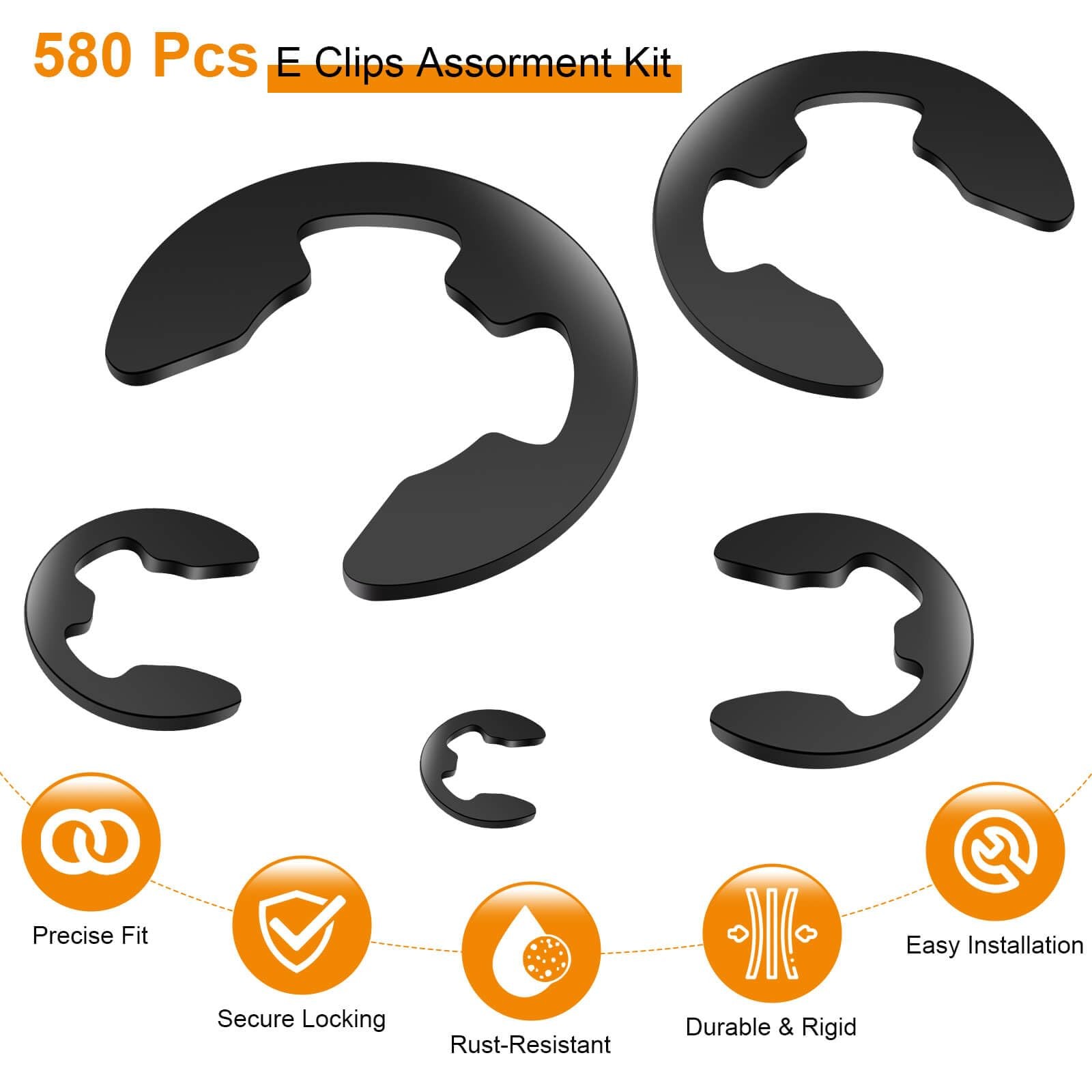 580 PCS Black Carbon Steel EClip Kit 10 Sizes Retaining Rings M1.5M10