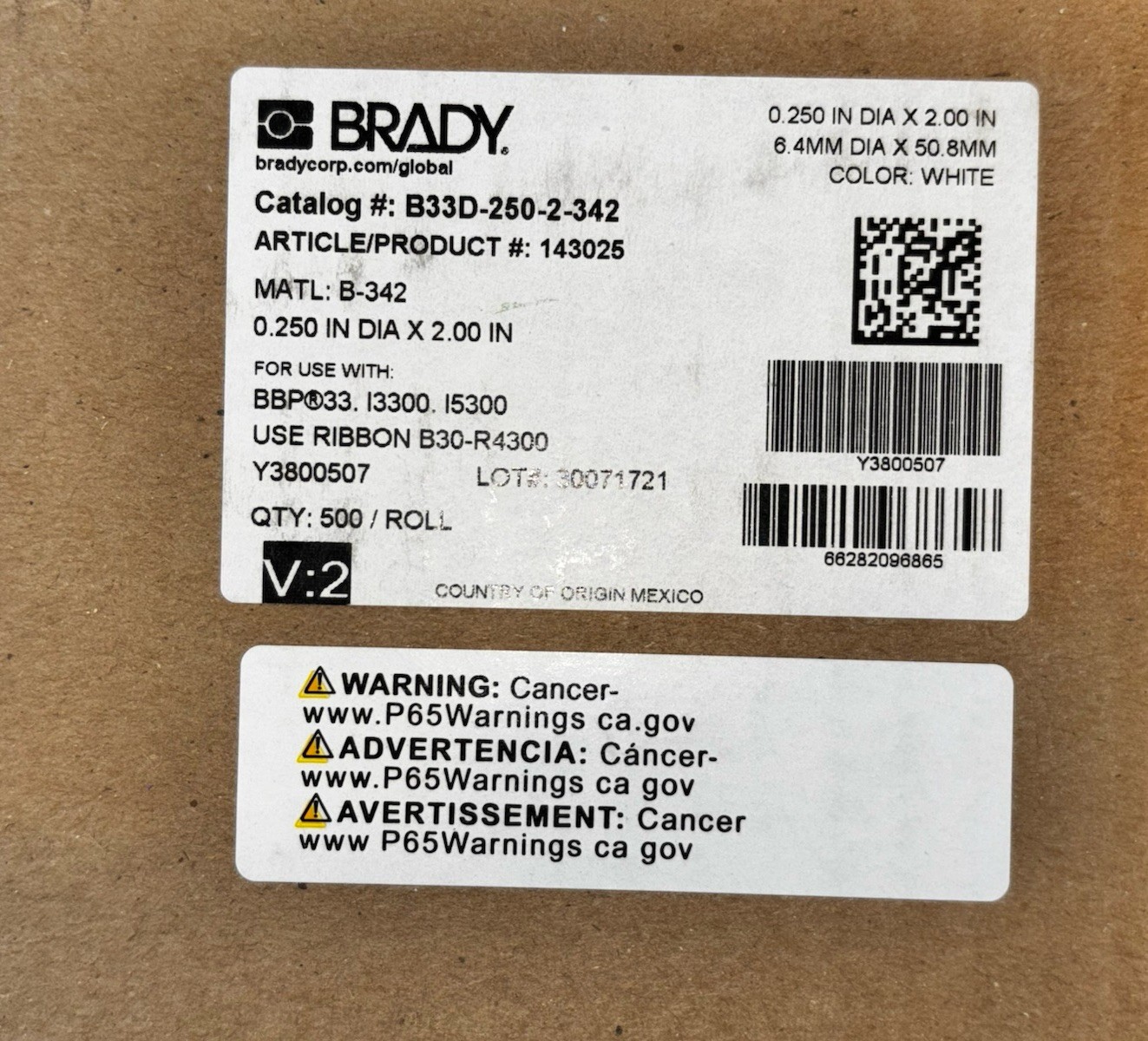 Brand New BRADY B33D-250-2-342 .250” X 2” 500 White Labels per Roll 96865