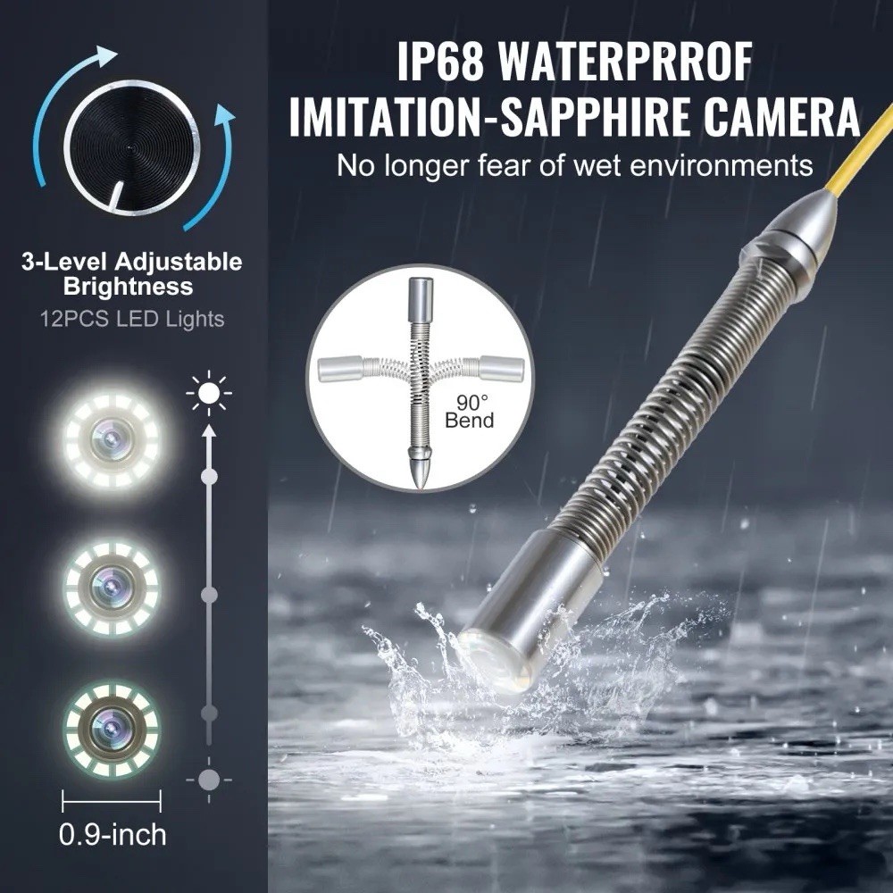 VEVOR Sewer Camera, 98 ft/30m, Self-Leveling Drain Camera with 512Hz WP9612FT