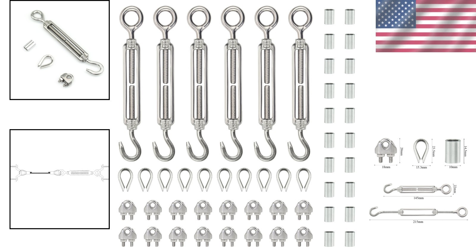 1/8 Inch Stainless Steel Wire Rope Kit – 6 M6 Ropes & Clips Included