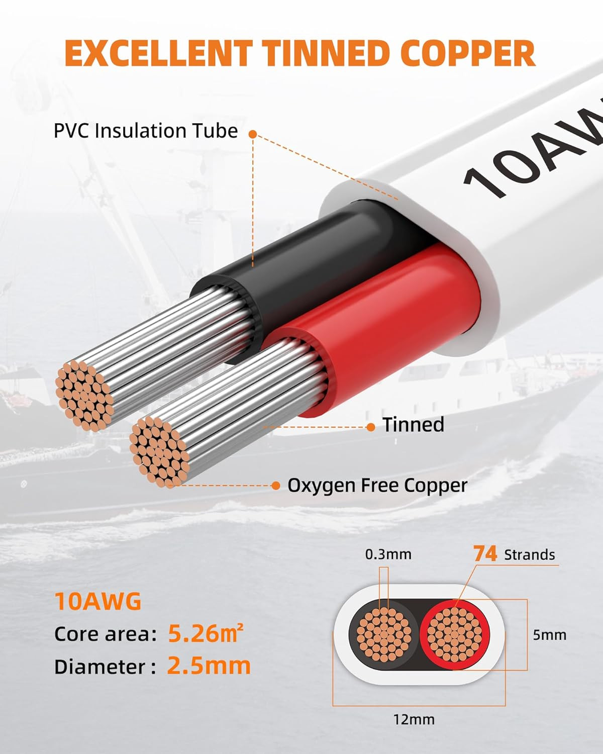 10 Gauge Marine Wire – 10/2 Duplex Waterproof Marine Grade Cable