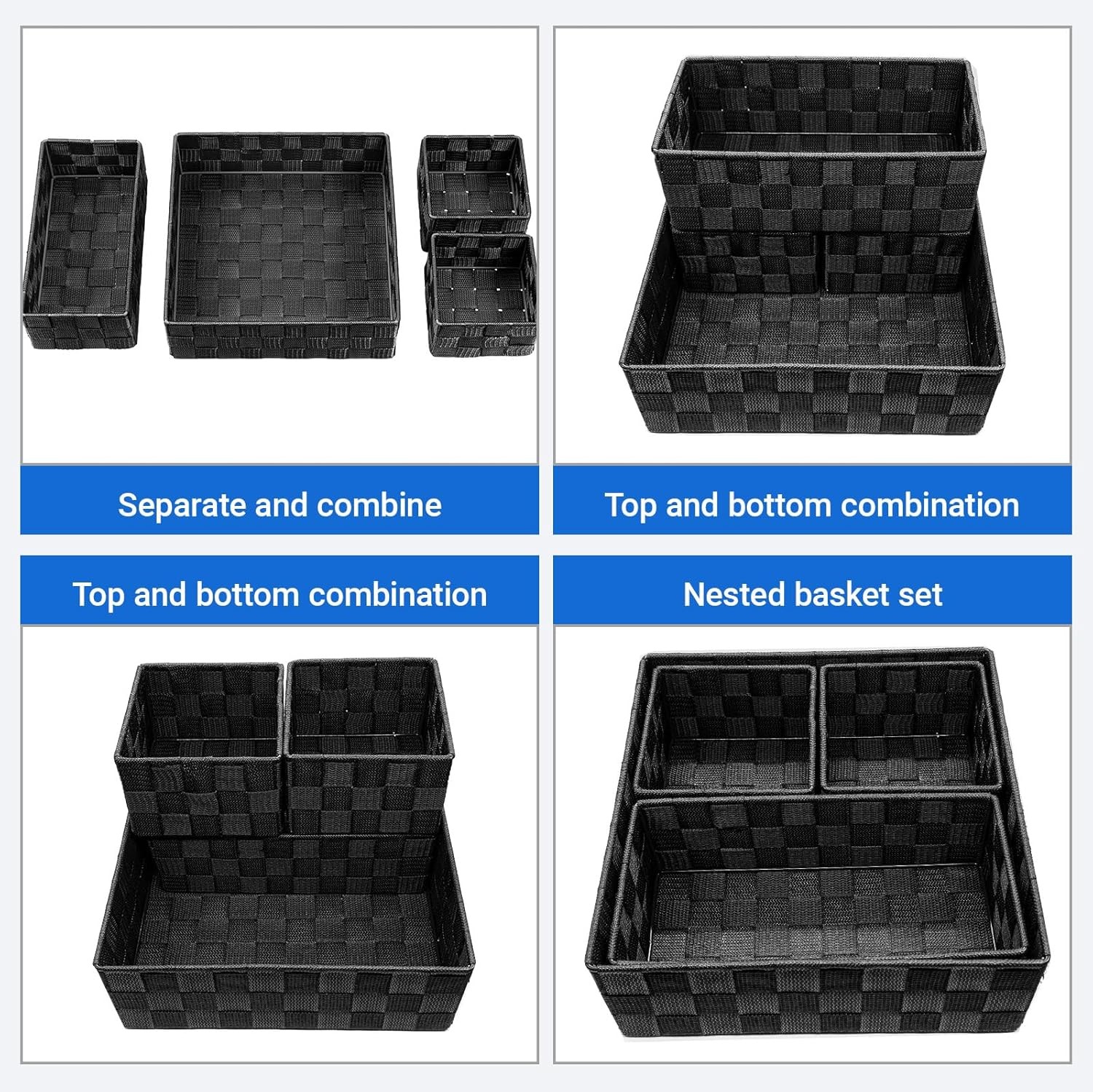 4pc Black Woven Basket Set Closet Drawer Organizer Small Storage Bins Metal Fram