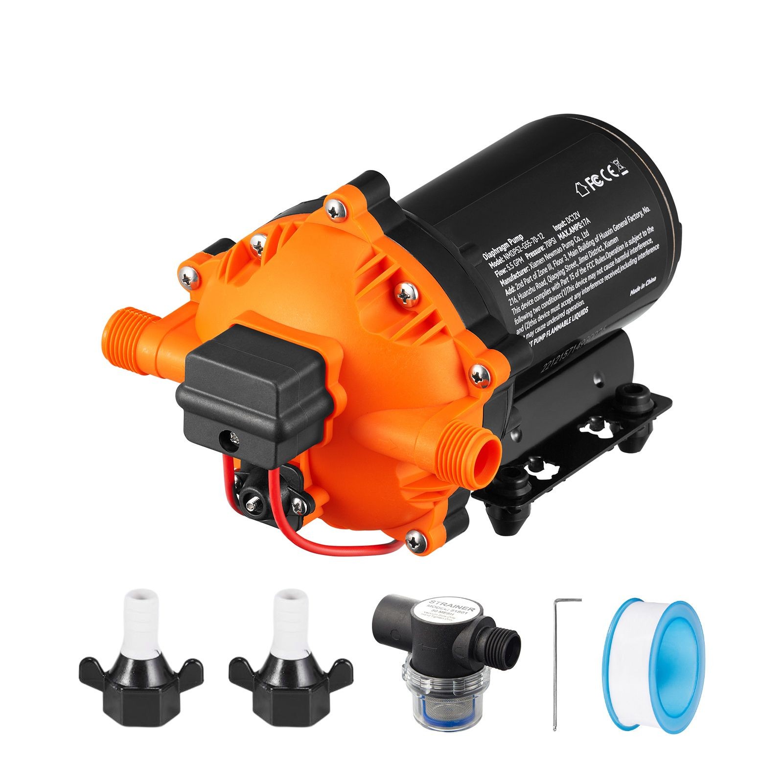 Water Diaphragm Pump, 12V DC, 5.5 GPM Flow, 70 PSI Rated Pressure (40-100 PSI Ad