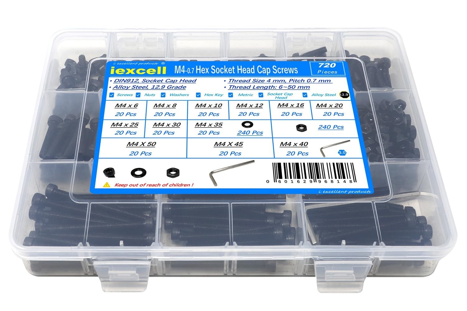 M4x6-50mm Hex Socket Screws, 240 Pcs, Black Oxide