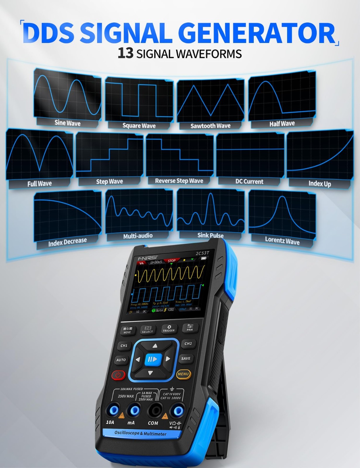 3-in-1 50MHz Oscilloscope Multimeter Signal Generator | 250MSa/s, 19999 Counts,