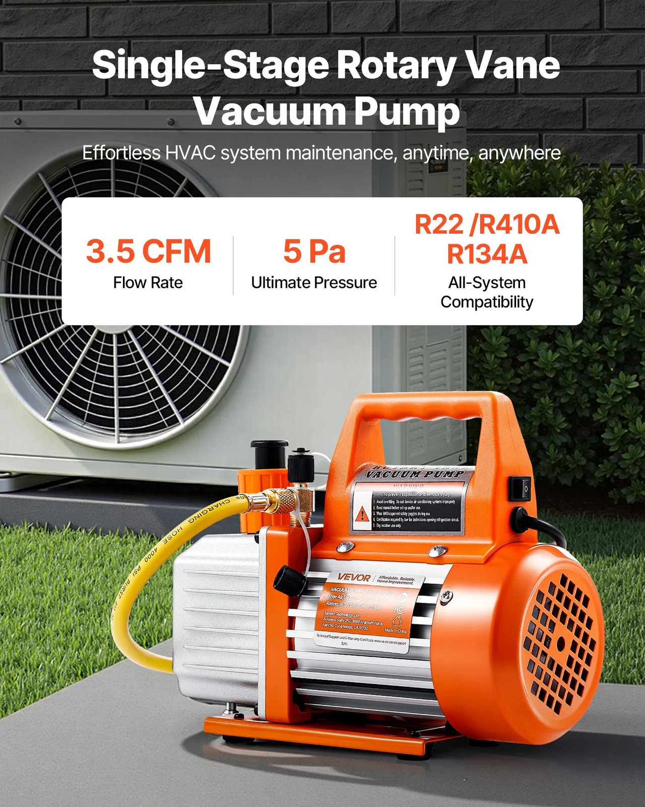 Vacuum Pump, 3.5 CFM 1/4 HP, HVAC Single Stage Rotary Vane AC Vacuum Pump, for R
