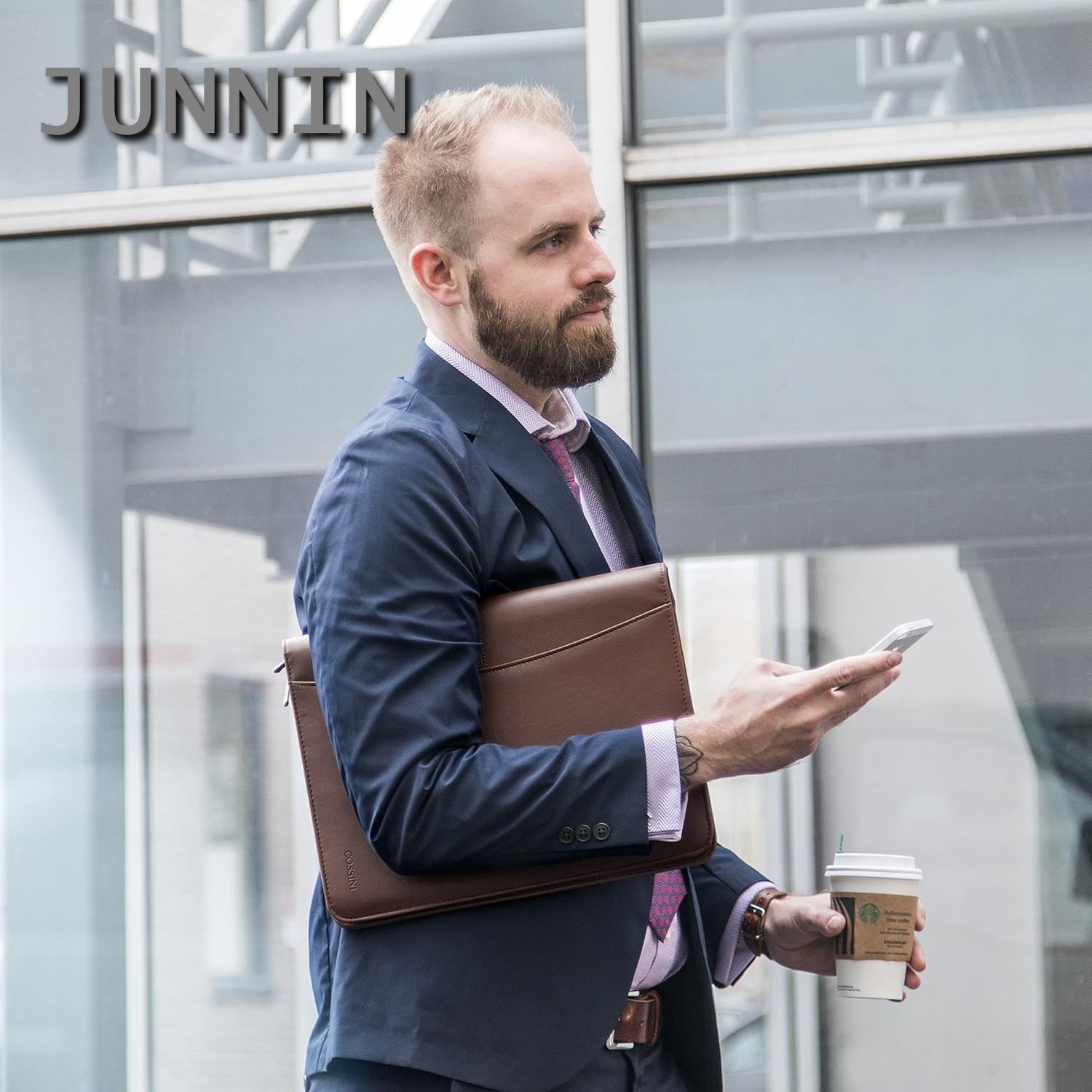 Brown PU Leather Business Portfolio Zipper Padfolio Tablet Sleeve Solar Calculat