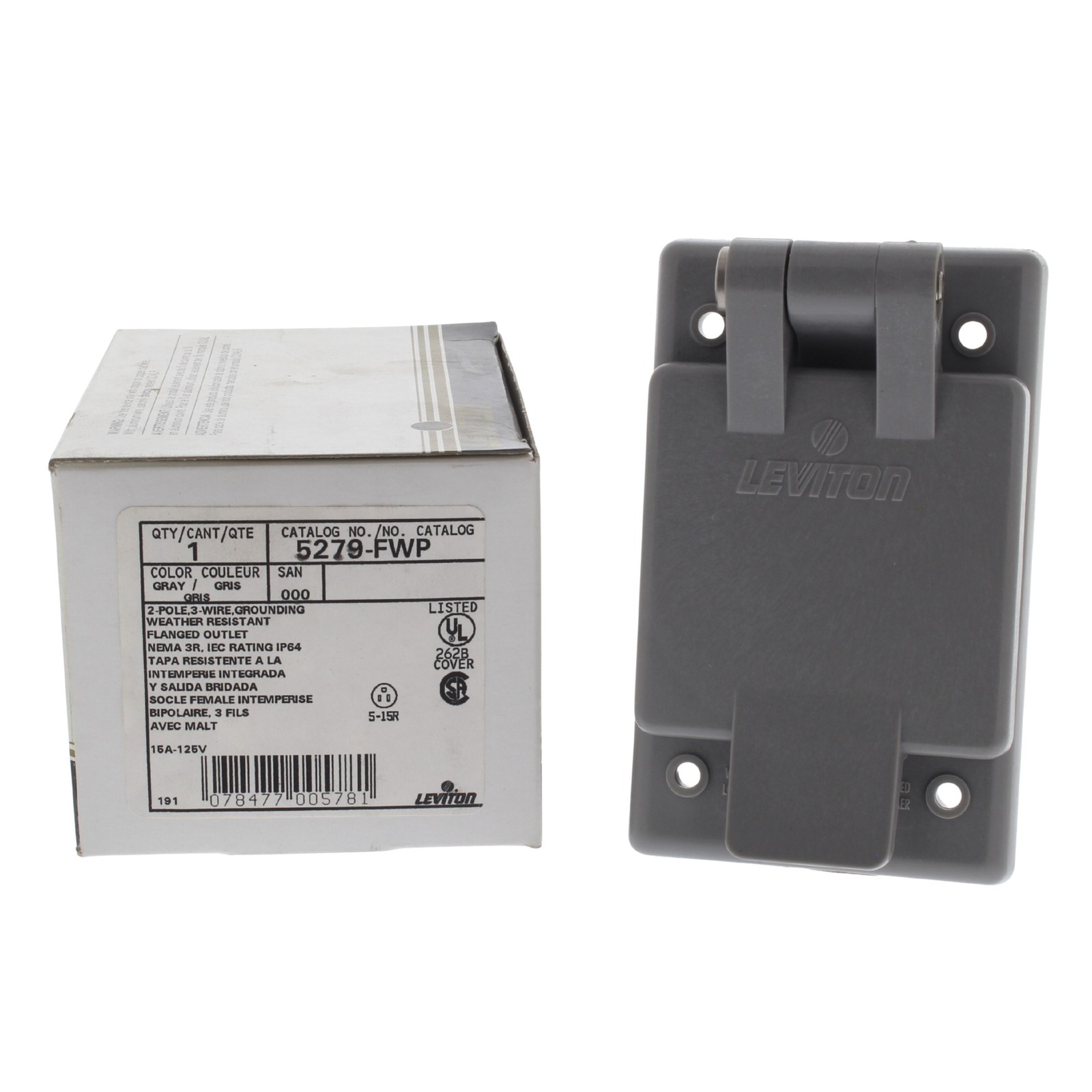 Leviton 5279-FWP Industrial 15A Flanged Outlet Weather Resistant Cover 5-15 125V