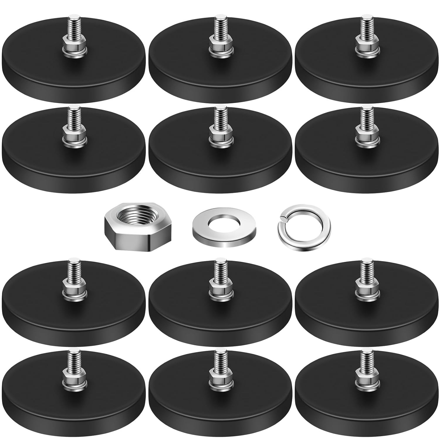 Rubber Coated Magnets 2.6in 65lbs | 12pcs, M6 Threaded Studs