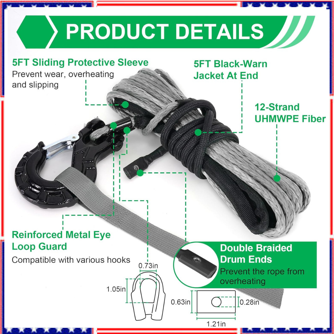 Synthetic Winch Rope Kit 3/16 Inch x 50 Feet 6000 lbs Winch Cable Line