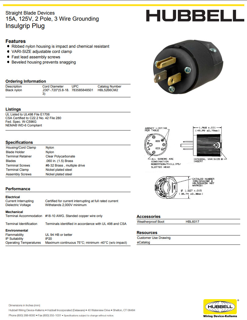 LOT 10x Hubbell HBL5266CM2 AC Male Edison NEMA 5-15P Plug 15A 125V Connector BLK