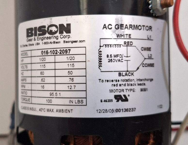 Bison AC Gearmotor Model 018-102-2097. 115V, 60Hz, 16 RPM, 95.1 Ratio, 1/20 HP