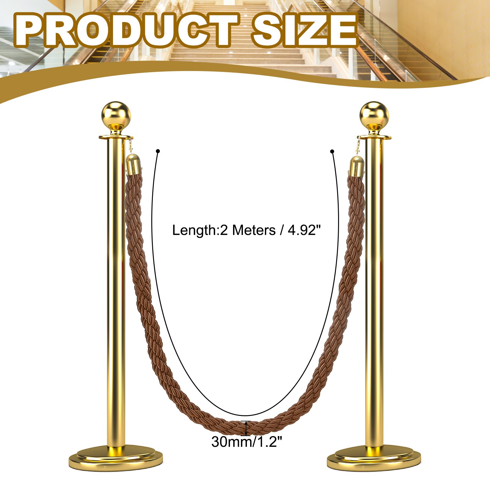 6.6 Ft/2 m Twisted Stanchion Rope Barrier Rope with Hooks Coffee Golden