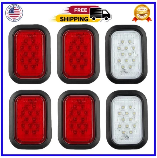6Pcs 5×3 Rectangle LED Stop/Turn/Tail/Brake & Backup 4 Red + 2 White