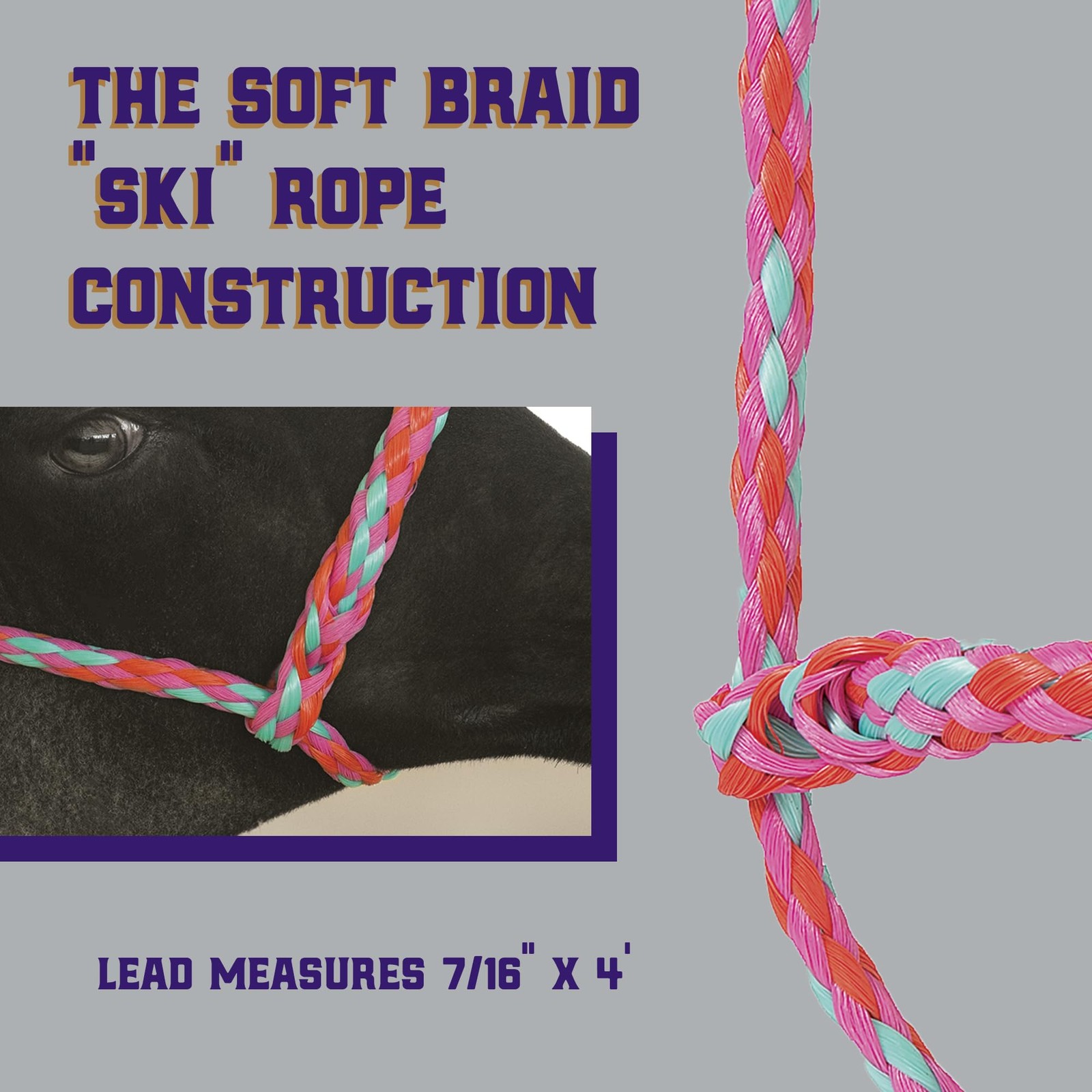 Weaver Livestock Braided Poly Rope Halter, 4 7/16″ x 4′, Hot Pink/Coral/Mint
