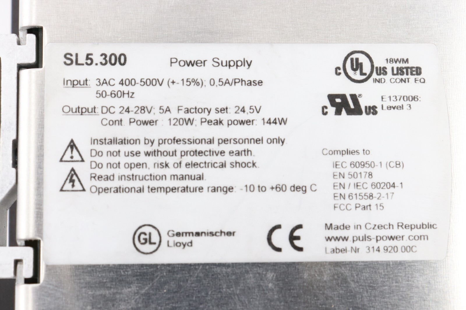 PULS SL5.300 POWER SUPPLY INPUT:3AC 400-500V OUTPUT: DC 24-28V 5A DIN RAIL MOUNT