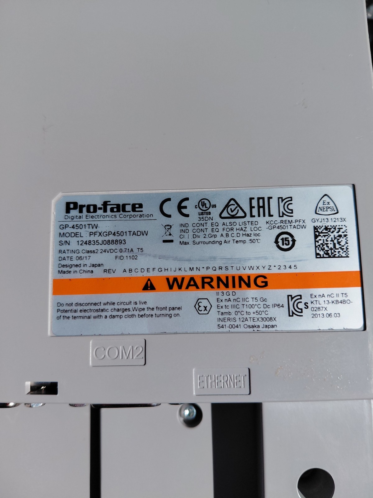Pro-face GP-4501TW Operator Panel 10.4″ Color Display Ethernet USB Serial