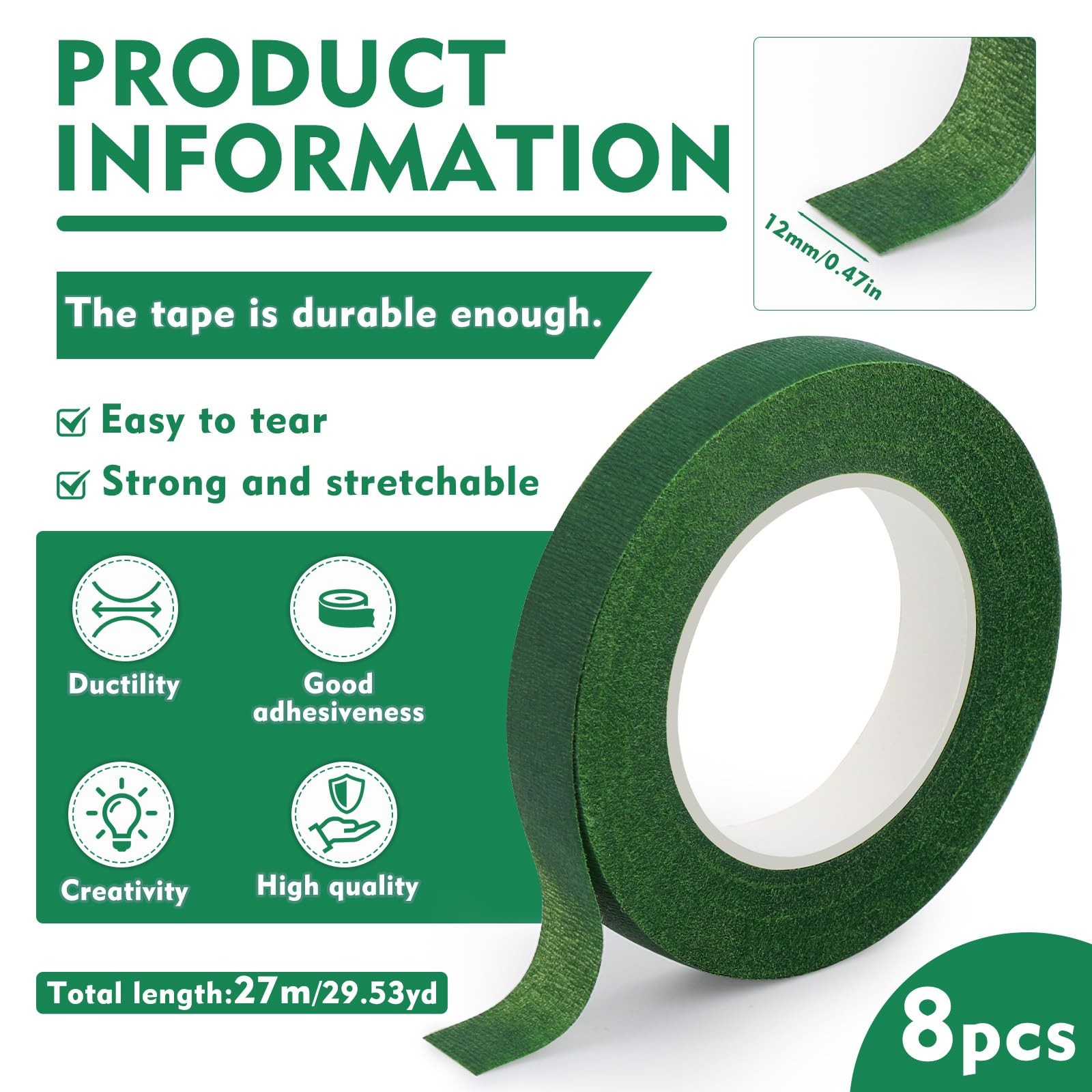 8 Rolls Dark Green Floral Tape, 1/2 Inch Wide 240 Yard Florist Tape, Waterpro…