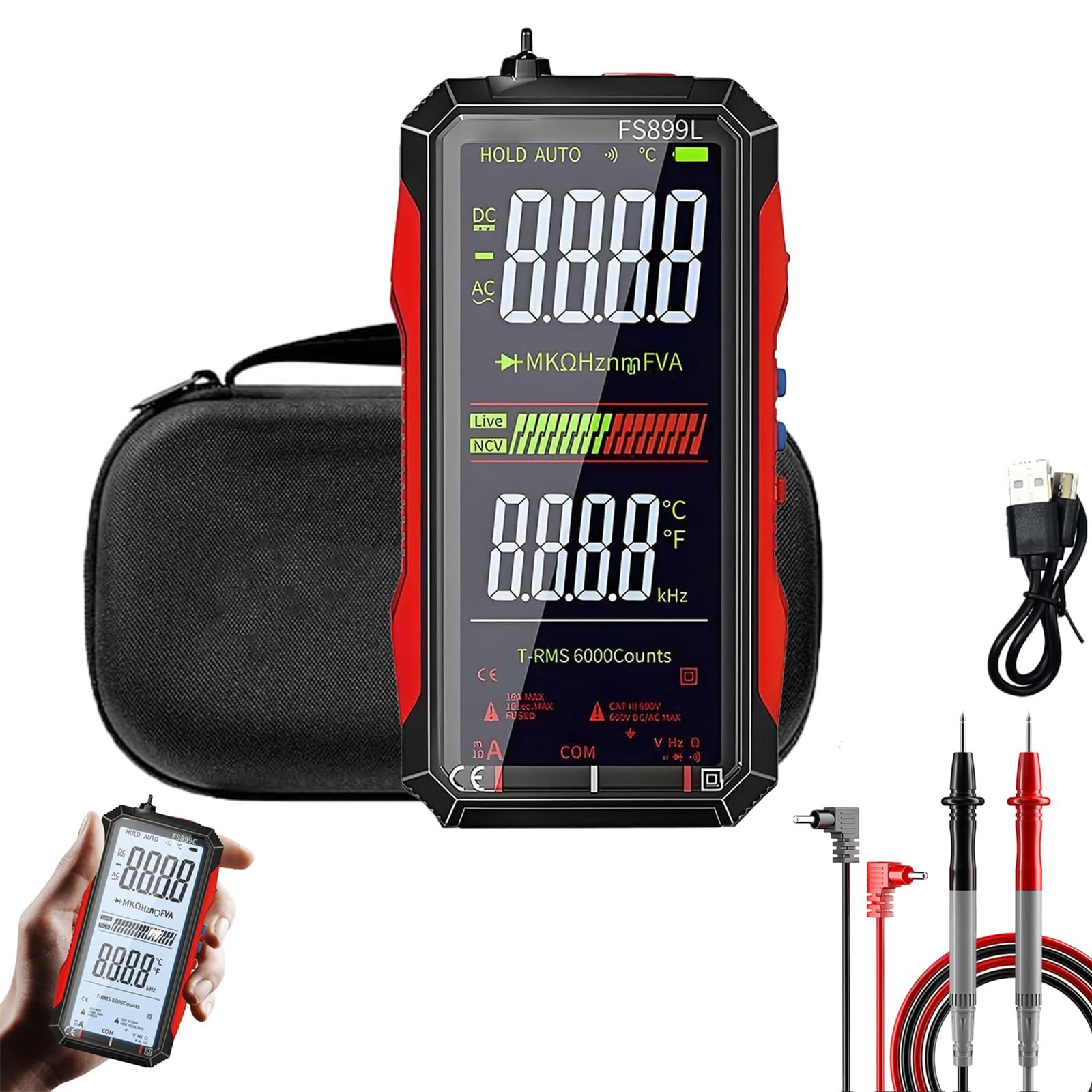 Digital Multimeter FS899L Upgraded – USB Rechargeable(FS899L+Bag) | 6000 Counts