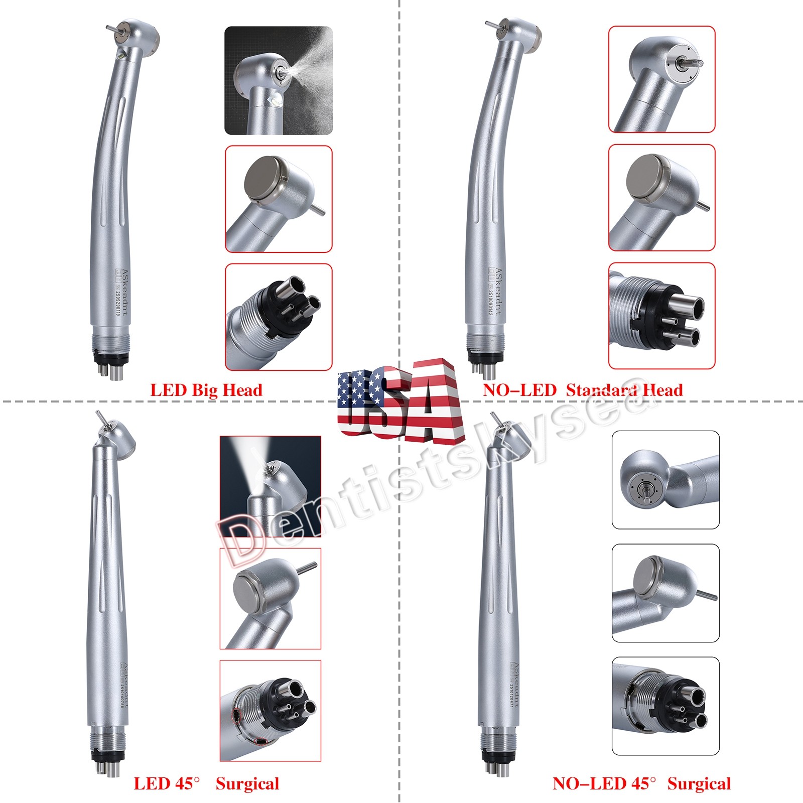 Dental LED 45° High Speed Handpiece Fiber Optic Turbine 4Holes/NO-LED Handpieces