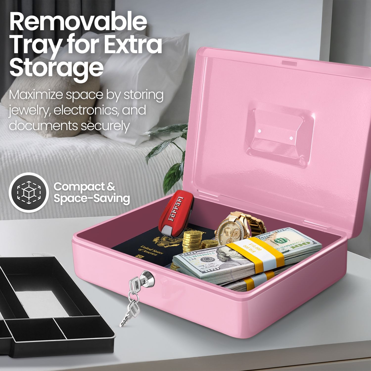 Cash Box with Money Tray, 2 Keys, Security Lock Box w/ Removable 9 Compartment