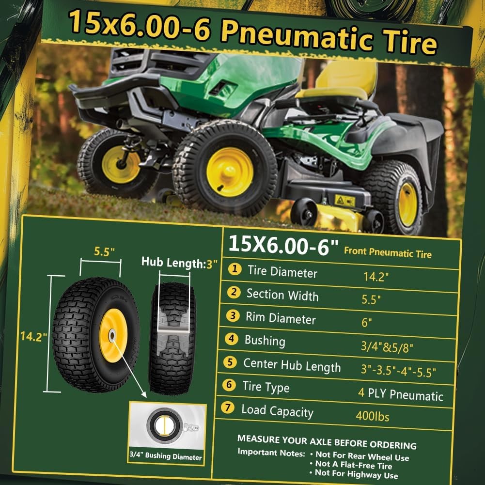 2 Pack 15×6.00-6 Lawn Mower Tire Wheel Assembly