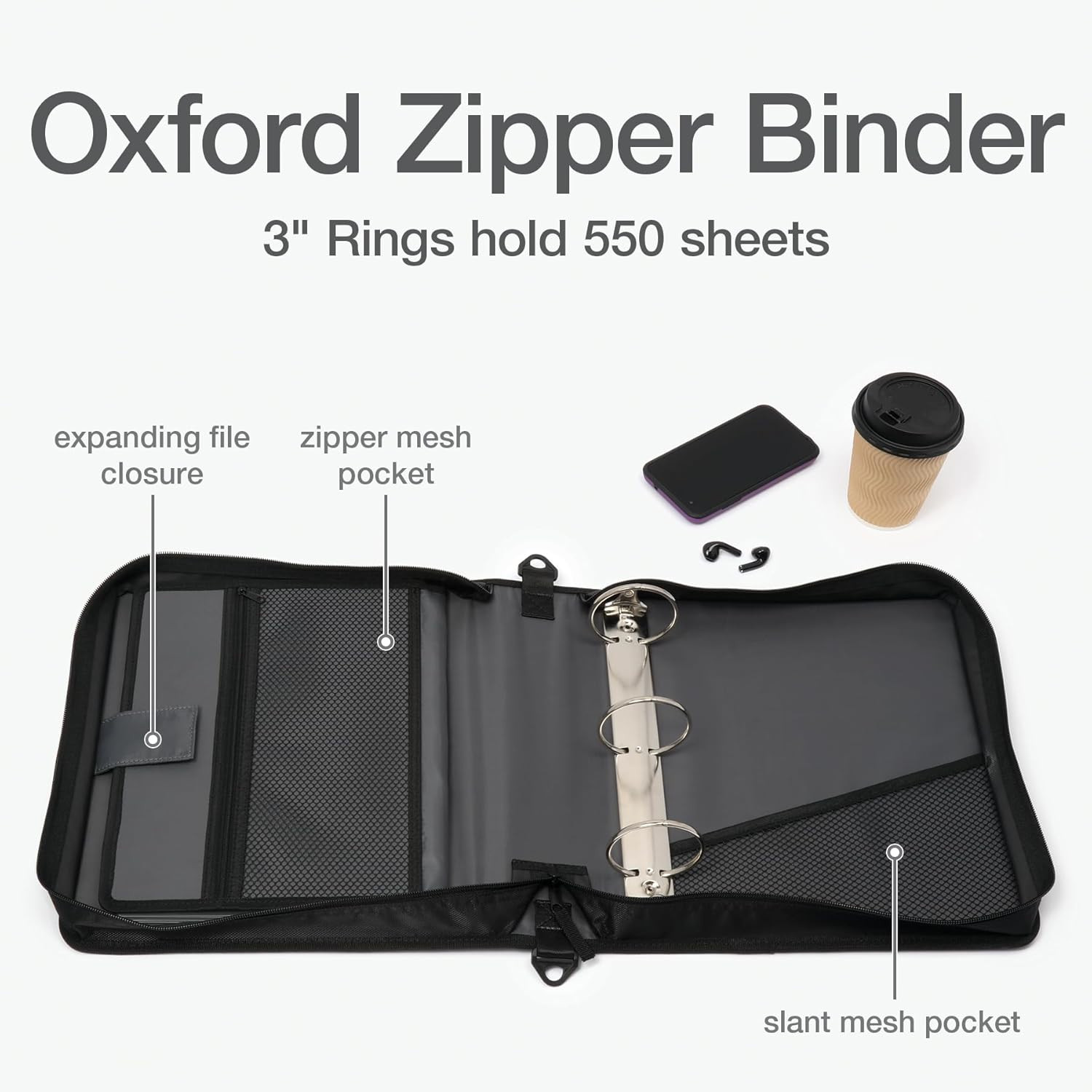 Zipper Binder with Pockets, 3 Inch round Rings, 3 Inch, Black/Blue