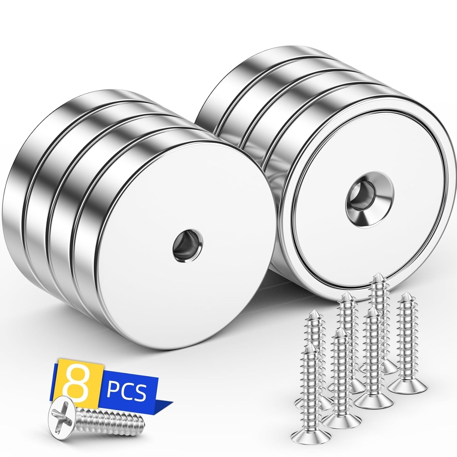 8 Pack 100LBS Neodymium Cup Magnets – Heavy Duty with Countersunk Hole & Screws.