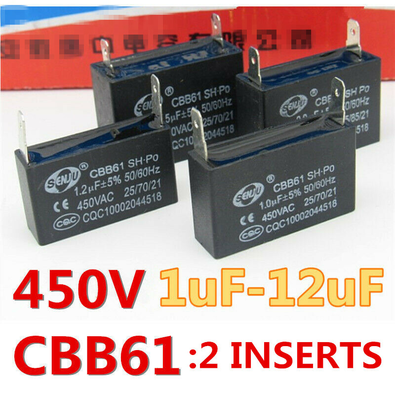 CBB61 450V 1/1.5/2.5/3/6/8/10/12UF Air conditioner Fan Motor Capacitor 2 Inserts
