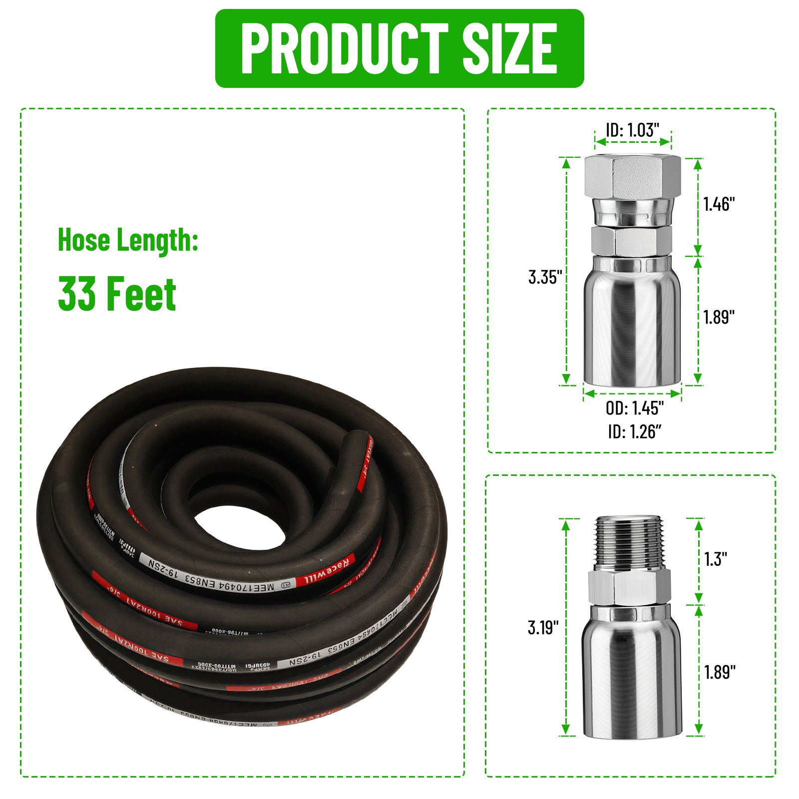 Hydraulic Hose Kit 33FT Hose + Straight 3/4″ JIC Female & 3/4″ NPTF Male Fitting