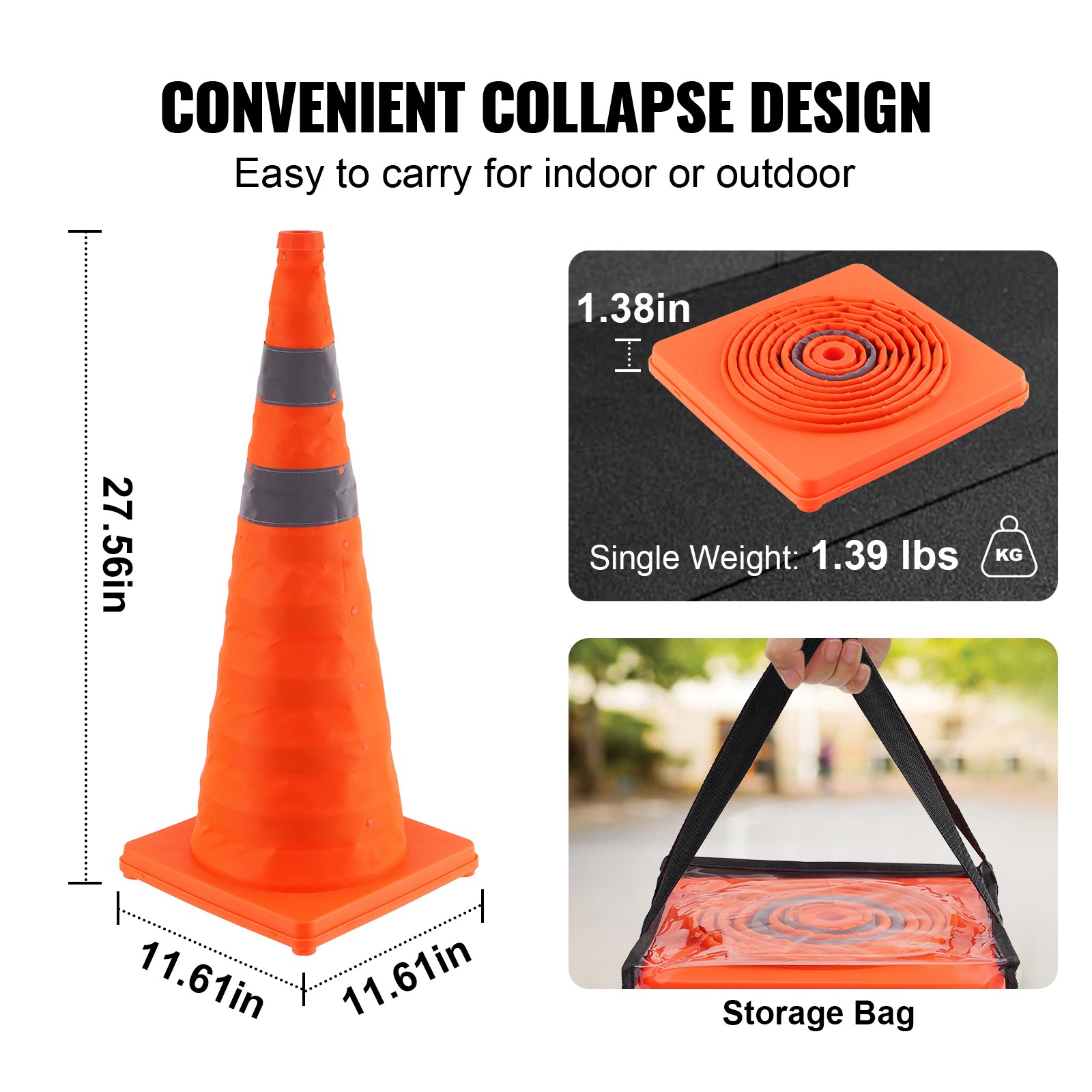 VEVOR Safety Cones 4 pcs 28″ Collapsible Traffic Cones with Reflective Collars