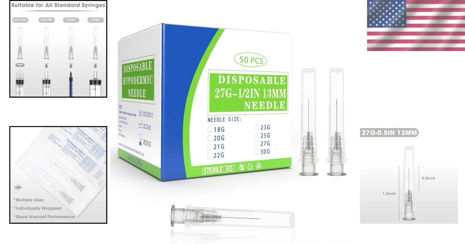 27 Gauge 1/2 Inch Disposable Needles with Caps – Luer Lock Lab Dispensing Access