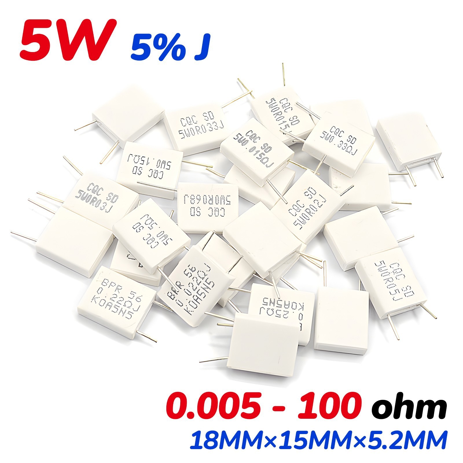 5Watt Non-Inductive Cement Resistor ±5% Values of 0.005~100Ohm Ceramic Resistor