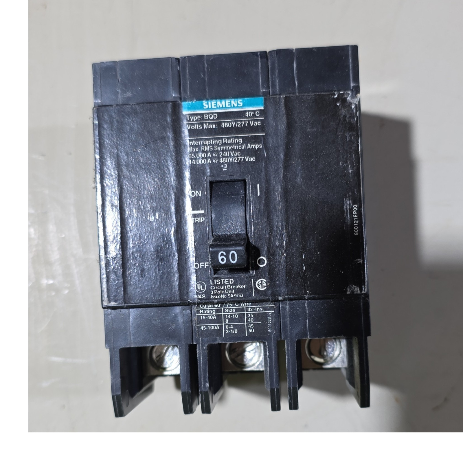 Siemens BQD 60A 480Y/277V 3-Pole Circuit Breaker Trip Indicator