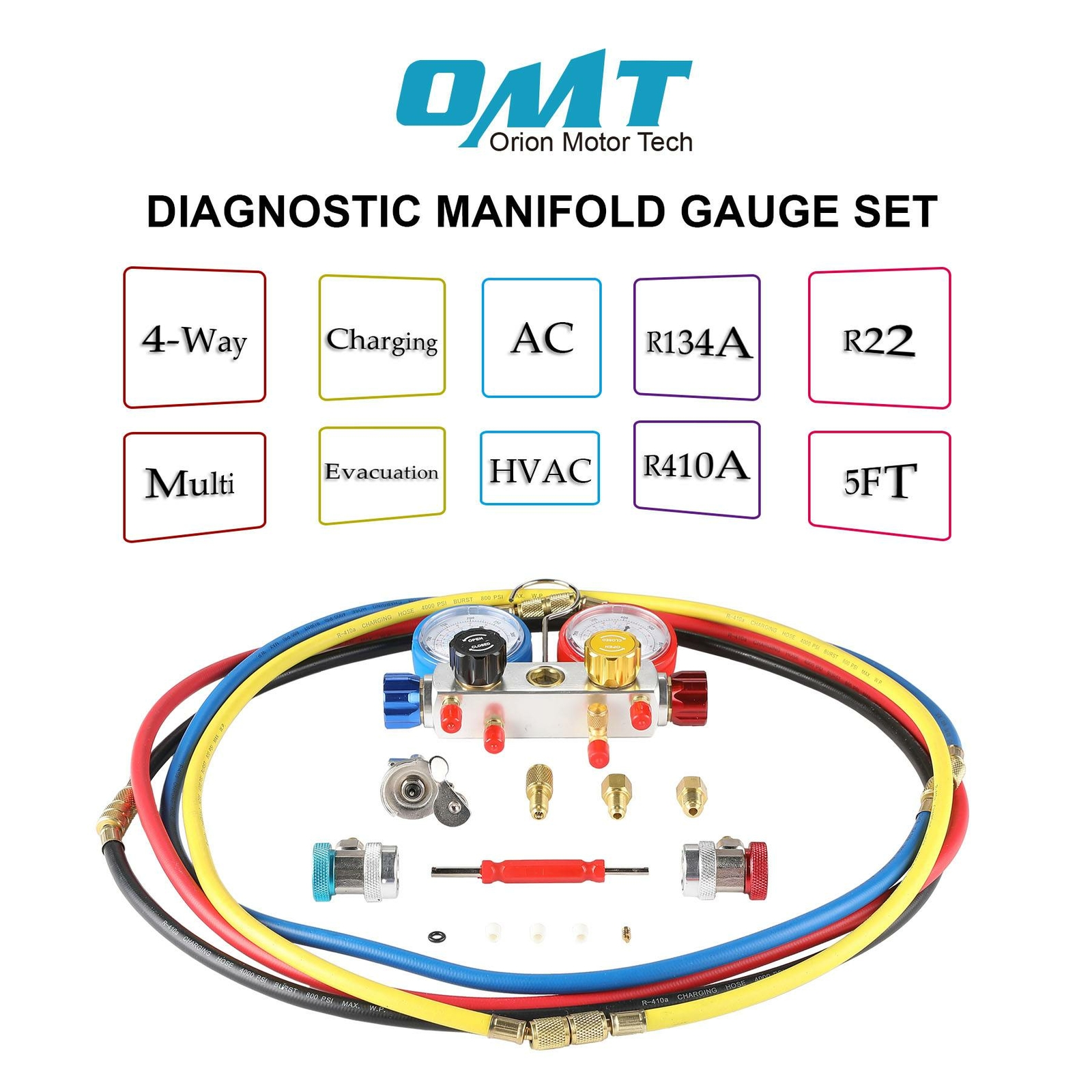 4 Way AC Diagnostic Manifold Gauge Set Tool Set w Can Tap & 3 Adapters & 4 Hoses