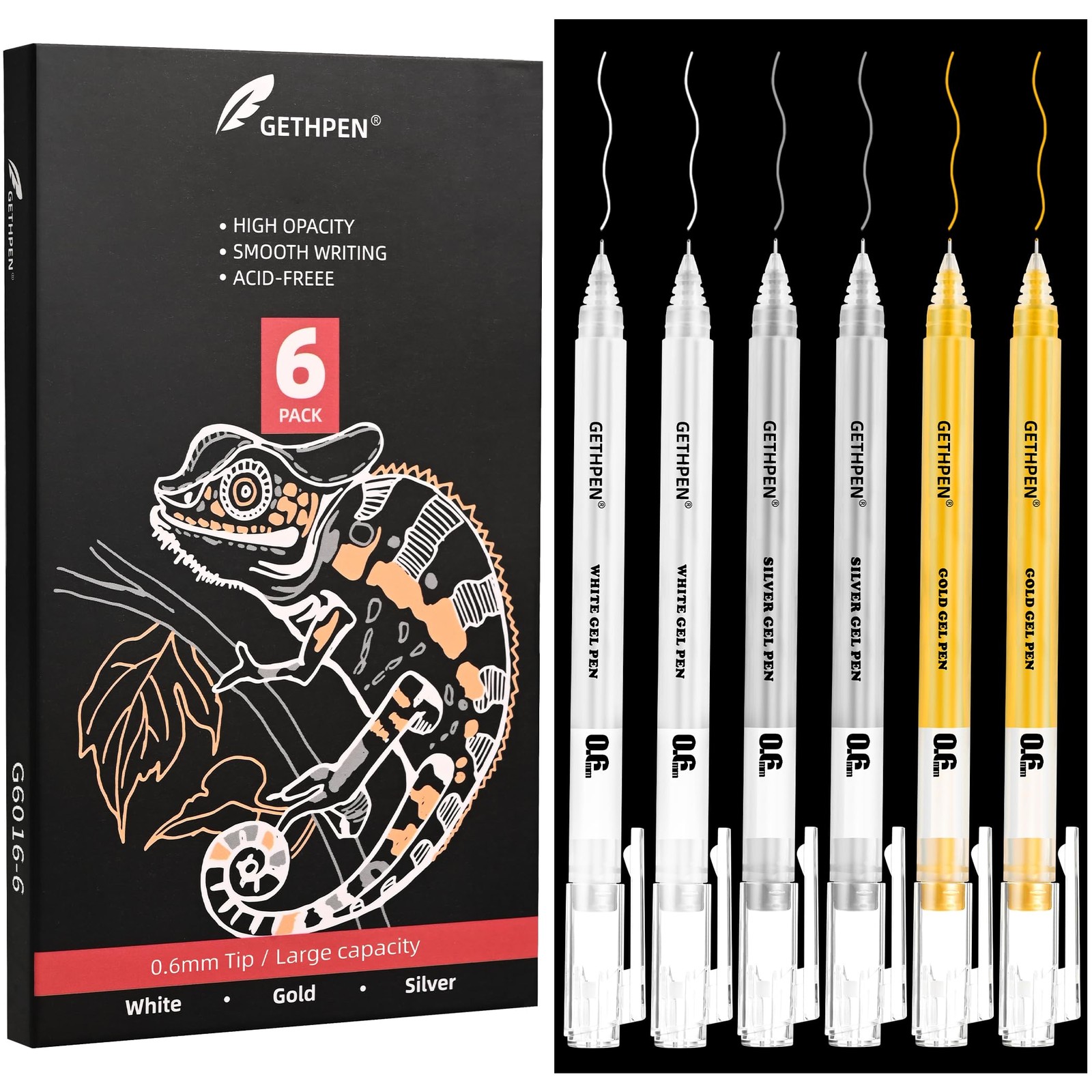 6 PCS White Gold Silver 0.6mm Gel Pen Set Extra Fine Point Drawing Sketch