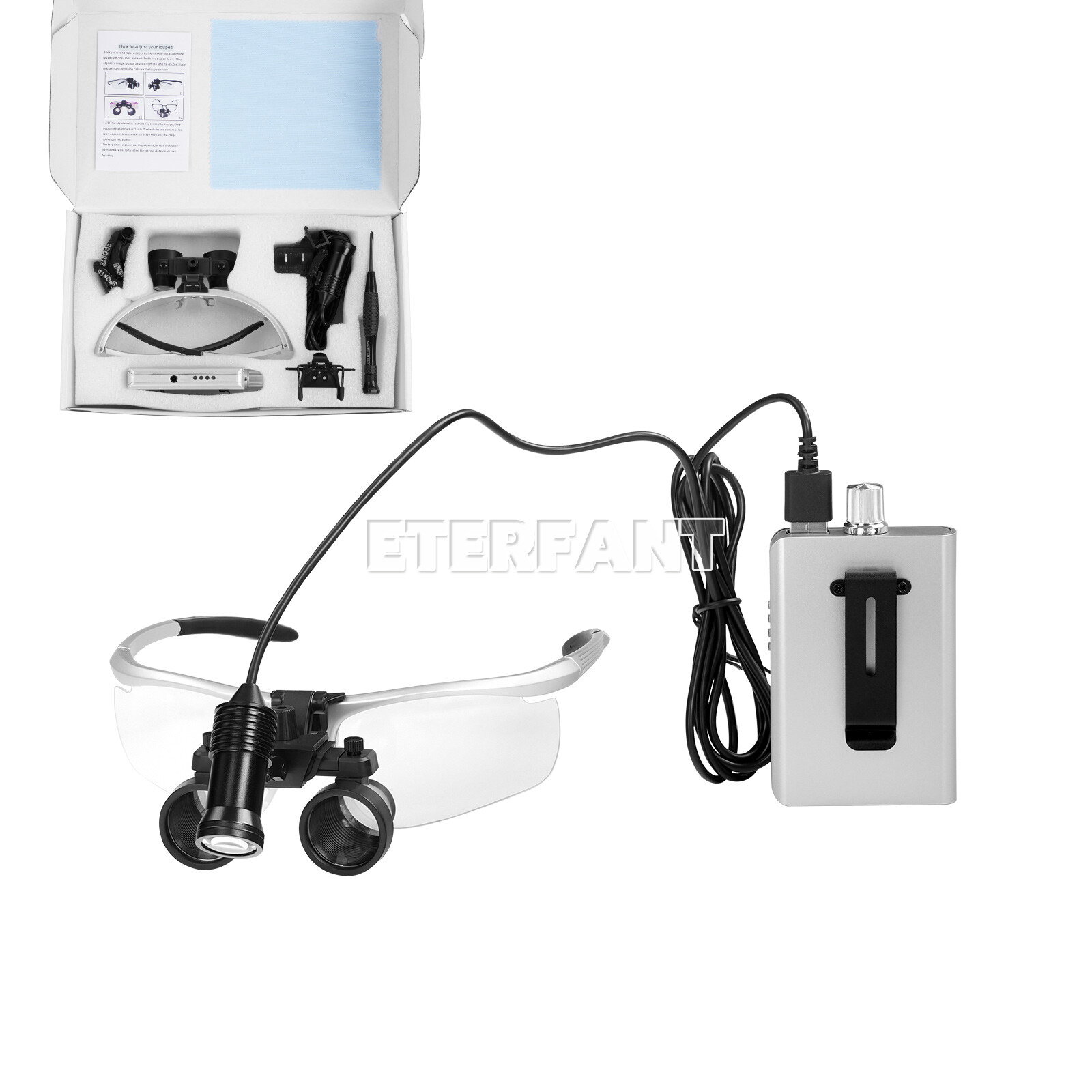 ETERFANT Dental 3.5X HD Binocular Magnifier Loupes Silver+5W LED Head Light Lamp