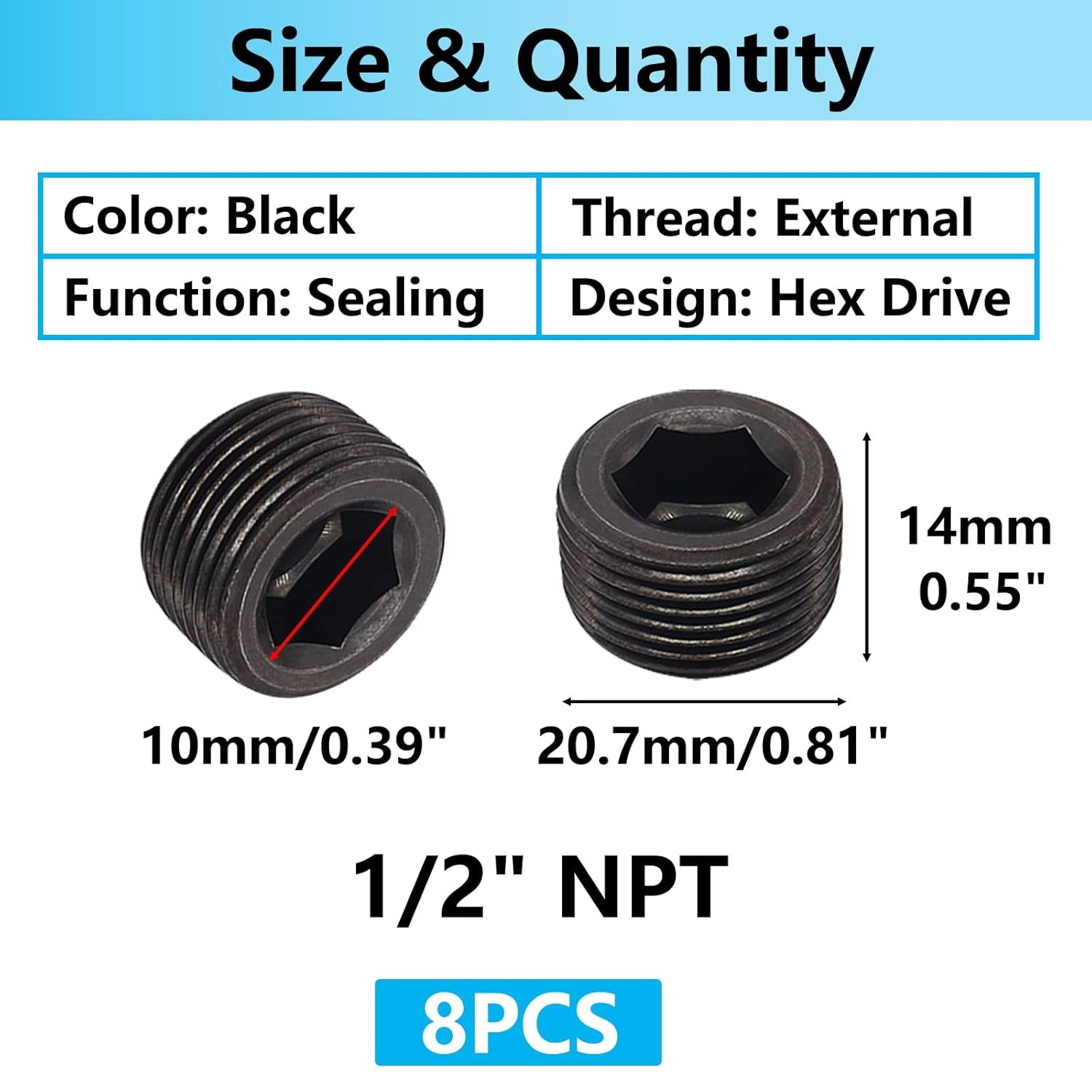 8PCS 1/2″NPT Male Pipe Plug Fitting Black Carbon Steel Pipe Plug Set Internal He