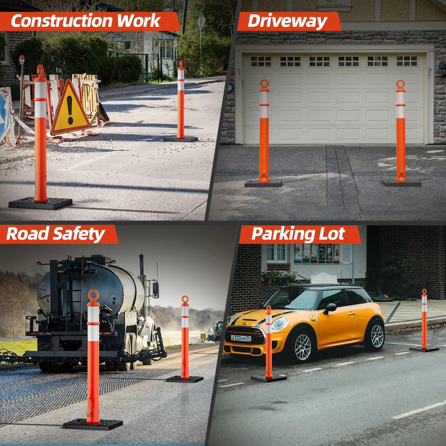 42 Inch Orange Traffic Delineator Post Cones with Base, 6 Pack | Portable Safety