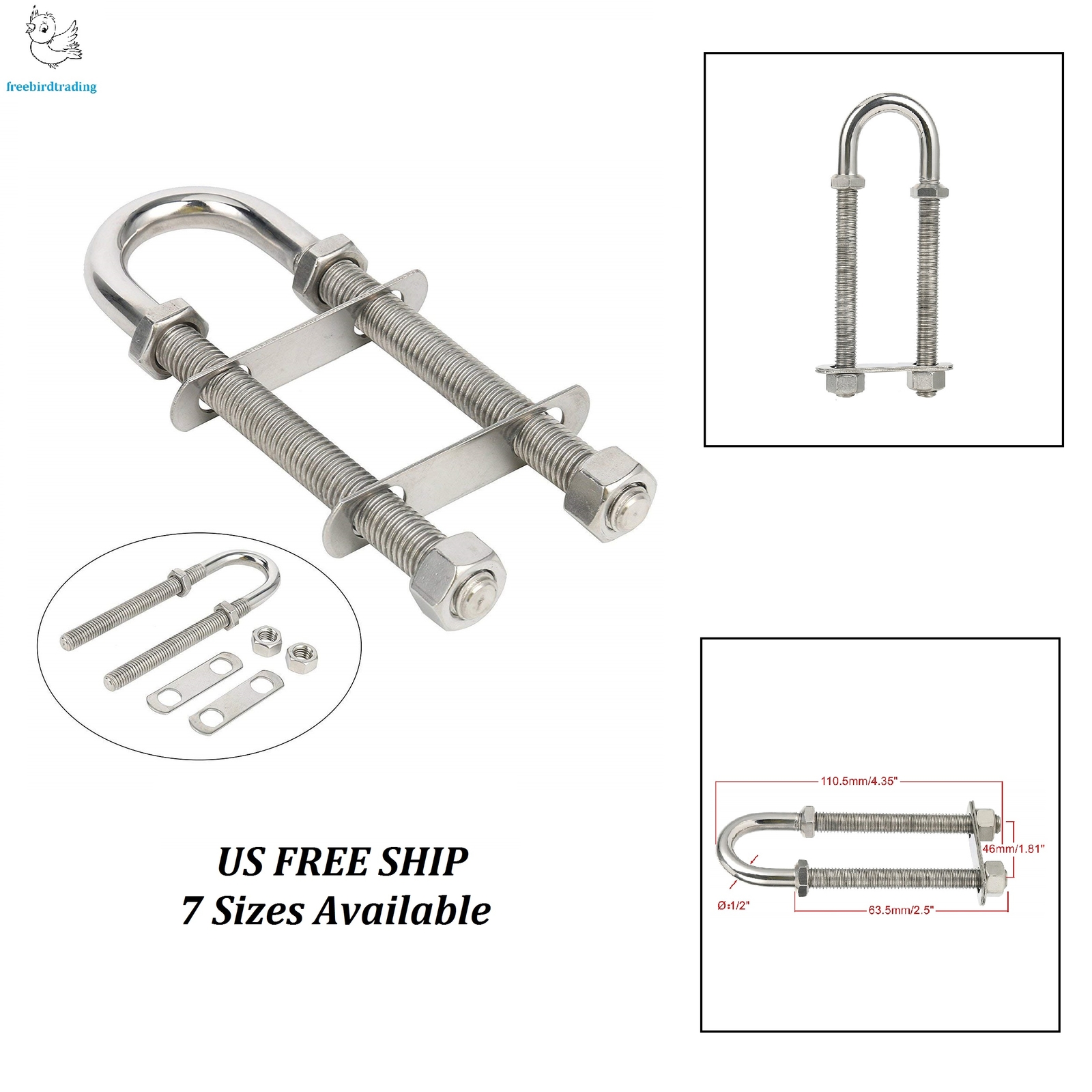 7 Sizes Available Stainless Steel Marine Boat Stern Bow Eye Tie Down U Bolt US