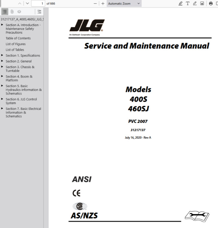 JLG 400S 460SJ Boom Lifts Service Repair Operators Manual Parts Catalog PDF USB