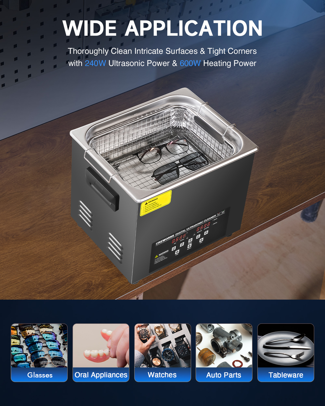 CREWORKS 10L Digital Ultrasonic Cleaner with Degas & Gentle Mode 600W Heater