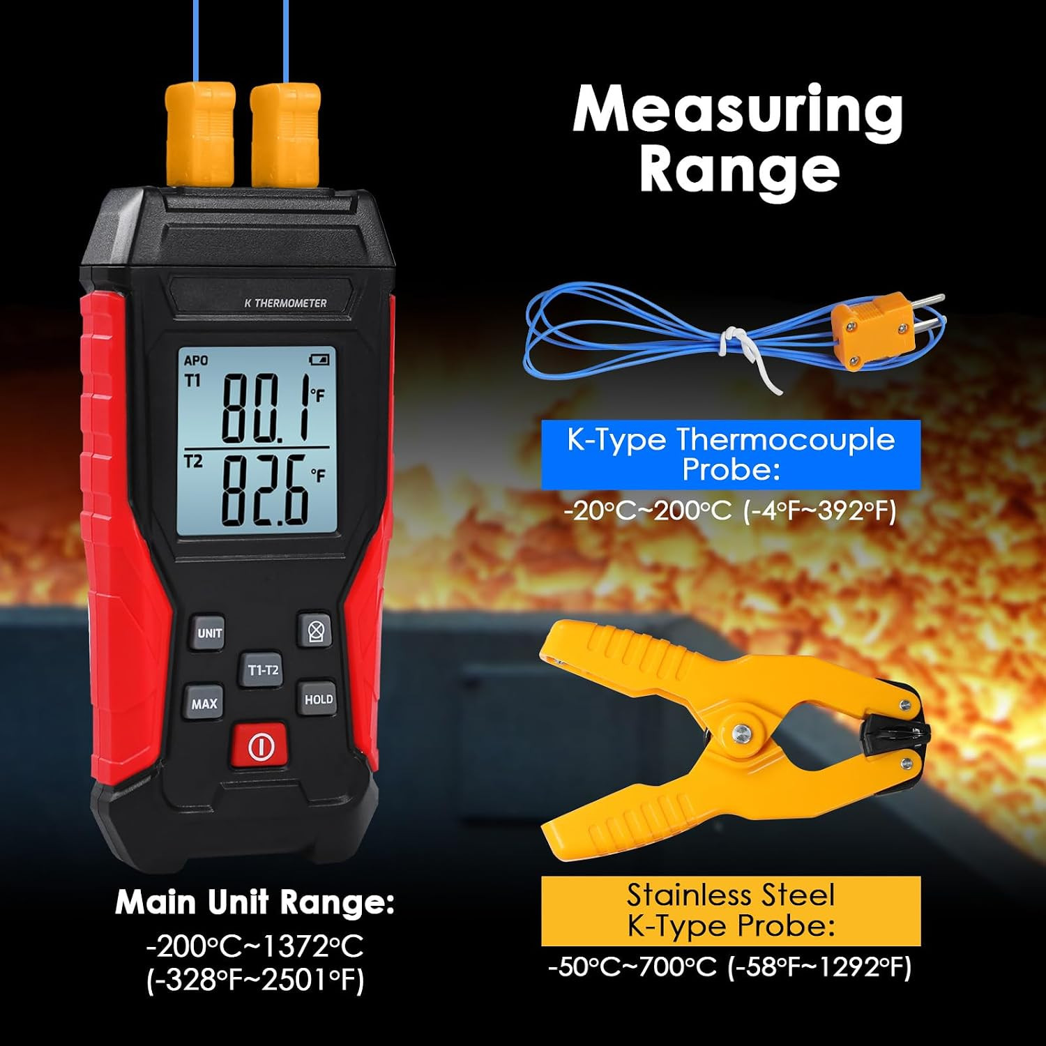 Digital Thermometer HVAC Dual Channel K Type Temperature Clamp (-328~2501℉) with