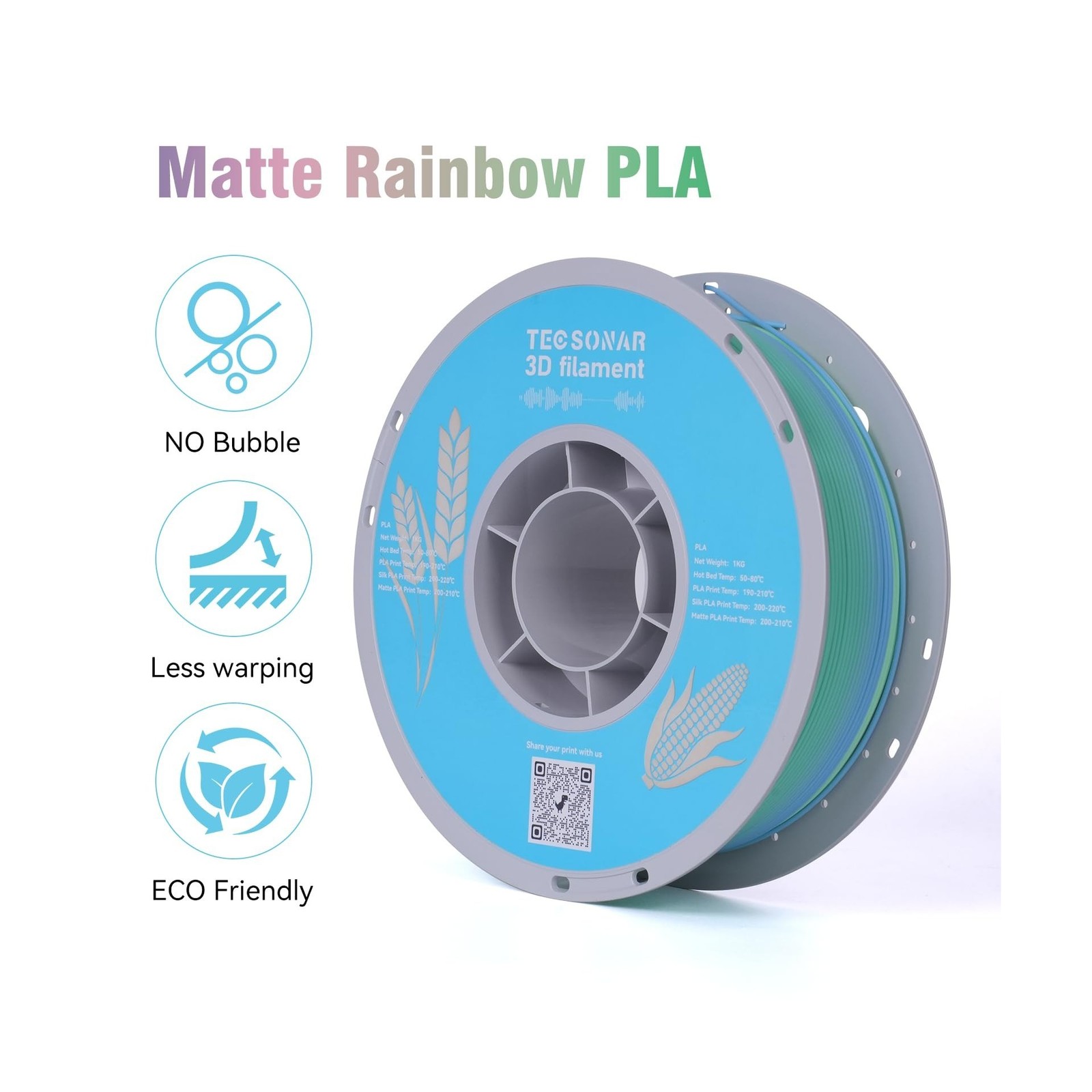 Matte Rainbow PLA 3D Printer Filament, 10Rolls,1KG Spool(2.2lbs) 1.75mm, Mult…