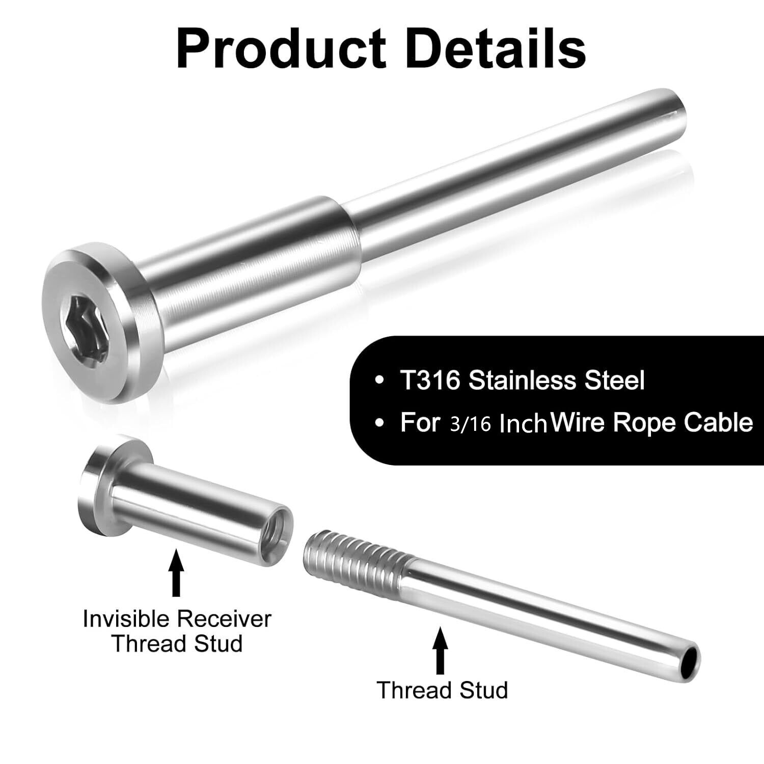 Lot T316 3/16″ Stainless Steel Swage Threaded Invisible Tensioner Cable Railing