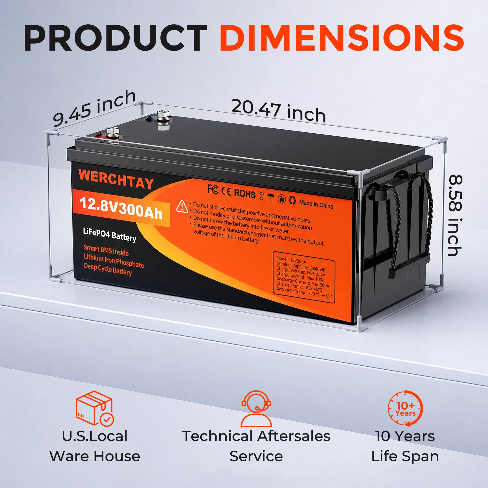 WERCHTAY 12V 300Ah LiFePO4 Battery Deep Cycles 3840Wh 200A BMS for RV Solar Boat