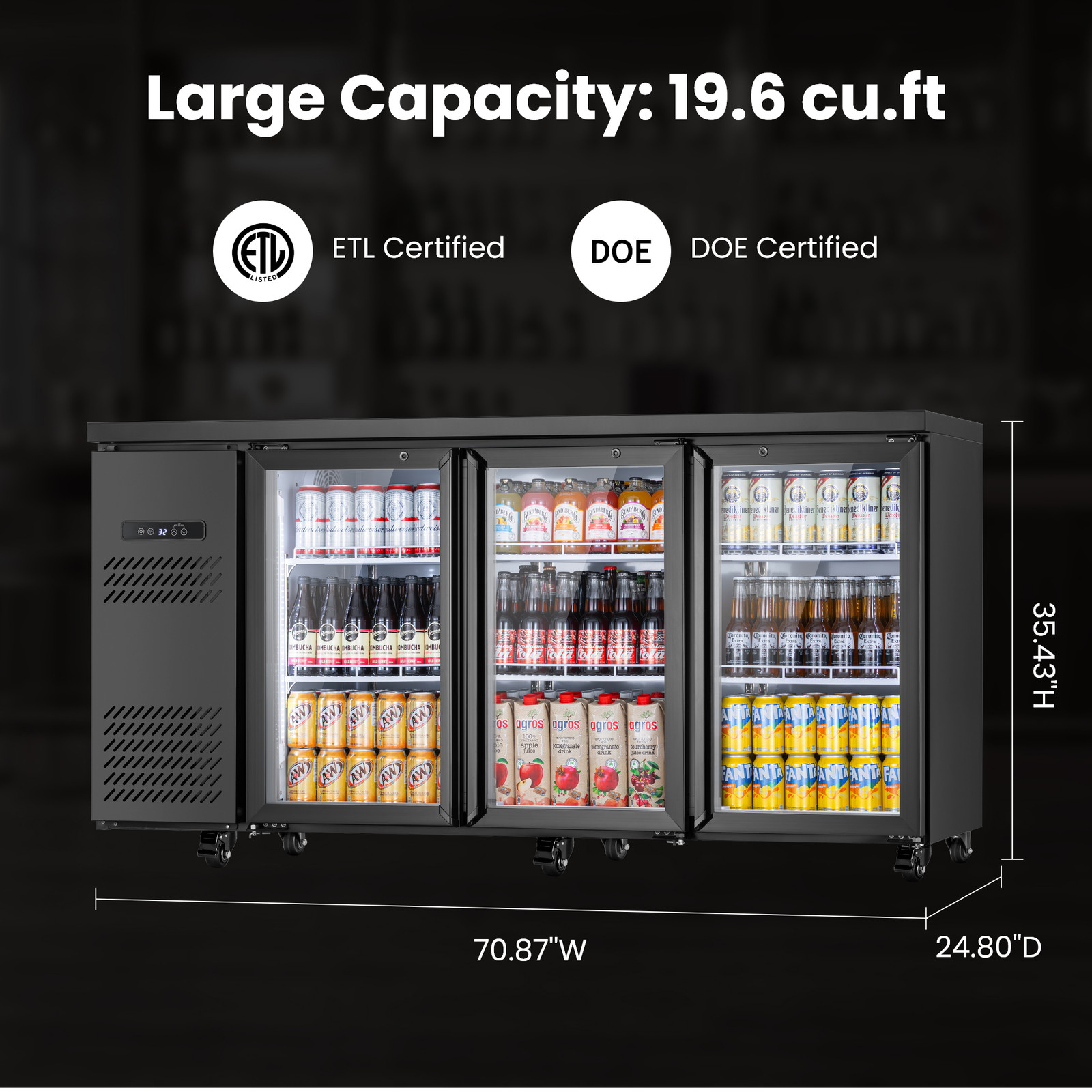 Yeego 19.6 Cu.Ft Commercial Back Bar Cooler with 3 Glass Door for Beverages New